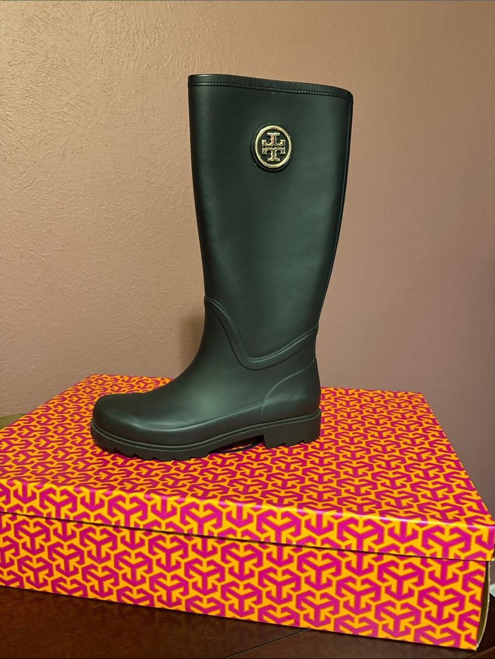 Tory Burch Forest Green Logo Tall Rain Boot
